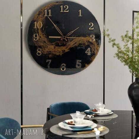 duży czarny zegar ścienny 50 cm dekoracja ścienna, żywica epoksydowa, prezent