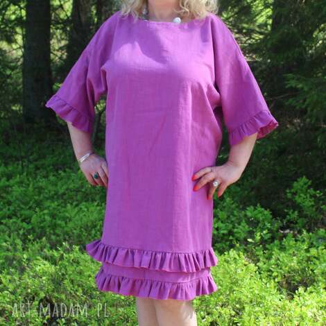 Purpurowa sukienka lniana z falbankami 100% len - oversize boho