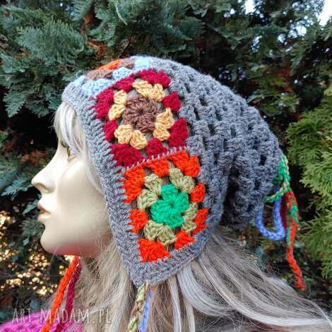 Czapka slouchy bonnet szydełkowa Kwadraty Babuni - angora i akryl