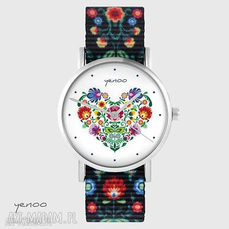 Czarny zegarek NATO - folkowe serce - bransoletka handmade Miyota