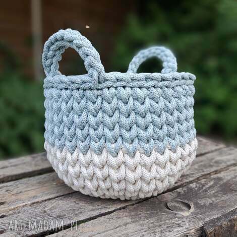 Dwukolorowy koszyk sznurkowy Lula - naturalny i szaromięta, handmade (z uchami)