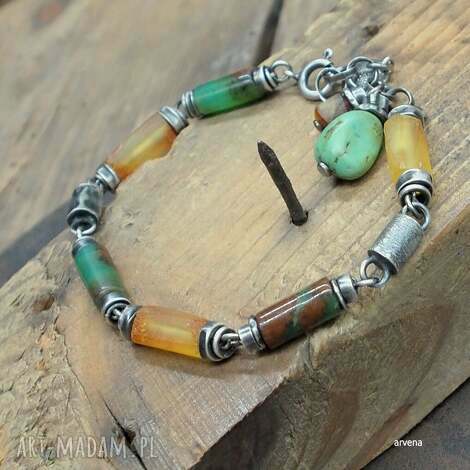 Bransoletka bursztyn i chryzopraz ze srebra 925 oksydowanego - biżuteria autorska handmade