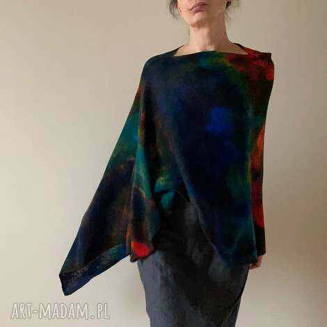 Narzutka z merino - ciemne kolorowe poncho oversize damskie