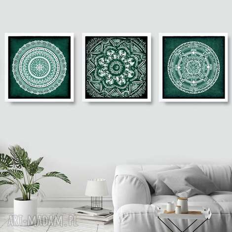 Zestaw 3 grafik 30x30 cm mandala folk - biel, czerń i zieleń