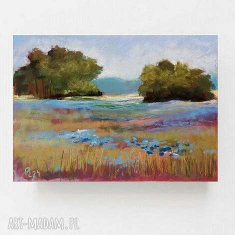 Łąka - ręcznie rysowany obraz z pasteli suchych 18x24 cm (zielone, niebieskie, fioletowe odcienie)