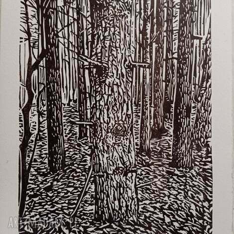 Linoryt "Las iglasty" - ręcznie robiona grafika czarno-biała, limit 15 szt. art-Madam.pl