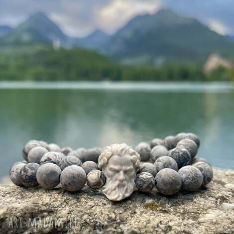 bransoletka męska z naturalnej szarej jaspisu głową zeusa - kamienie naturalne