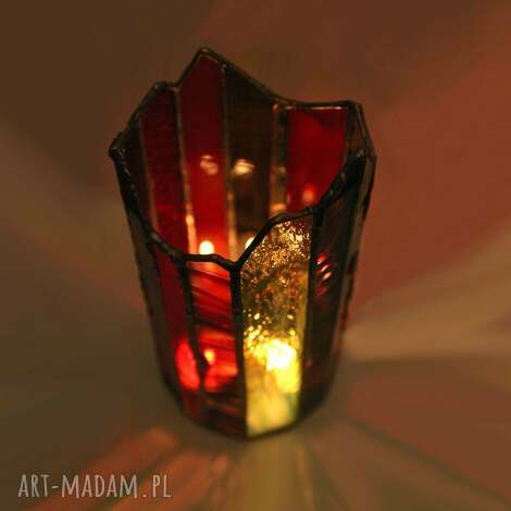Świecznik witrażowy czerwono-ognisty Tiffany - lampion na tealight (Pi Art)