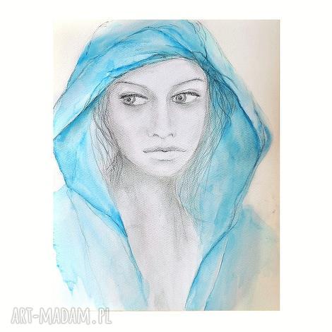 blue /2/, akwarela / rysunek, portret kobiety, obraz ręcznie malowany