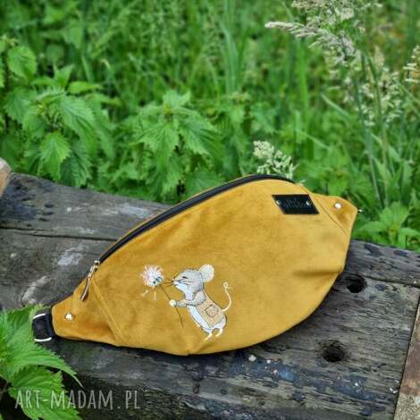 nerka saszetka haftowana myszka musztardowa, pojemna, wyjazd