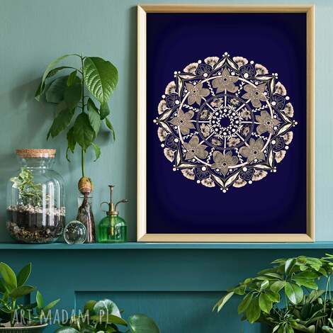 Mandala 50x70cm - mozaika kwiatów beż i niebies