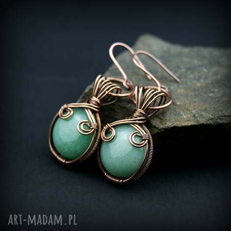 Kolczyki z awenturynem - miedziane wire wrapping na prezent