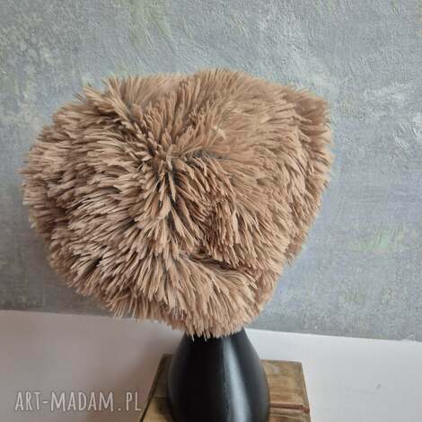 Czapka z futra sztucznego jasny brąz - handmade na podszewce, miękka i ciepła