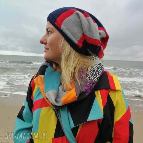 Ciepła zimowa czapka patchworkowa boho handmade - na podszewce, turbanowy kształt