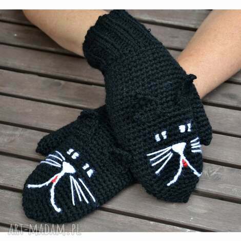 rękawiczki koty czarne rękawice na szydełku i drutach damskie