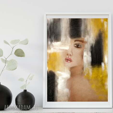 Żółty portret kobiety - abstrakcyjny obraz 40x60 cm do salonu