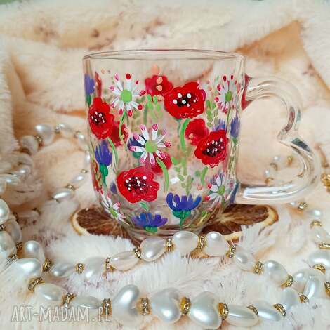 ręcznie malowana szklanka maki chabry i stokrotki, kwiaty na szkle prezent