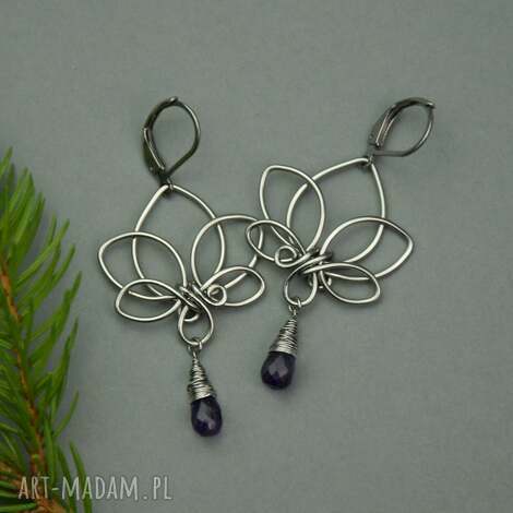Kolczyki długie Kwiat Lotosu ametyst wire wrapping
