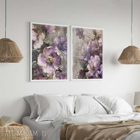 Zestaw 2 plakatów 30x40 cm Kwiaty w pastelach - fiolet, róż i szarość