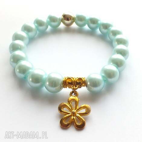 bransoleta mint pearls gold flower, perły, kwiat kwiatuszek, charms, zawieszka