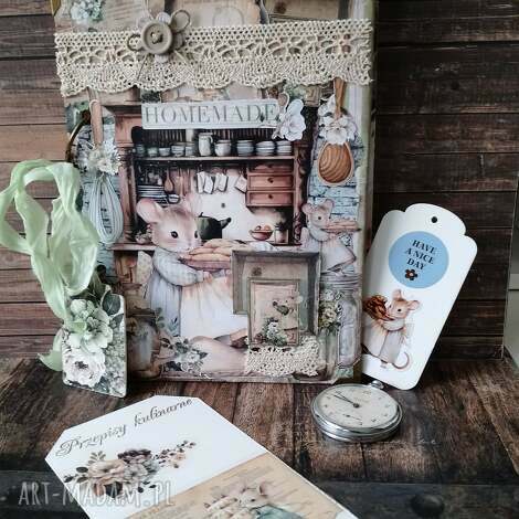 Ręcznie robiony przepiśnik A5 z uroczymi myszkami kucharkami - styl rustykalny - handmade