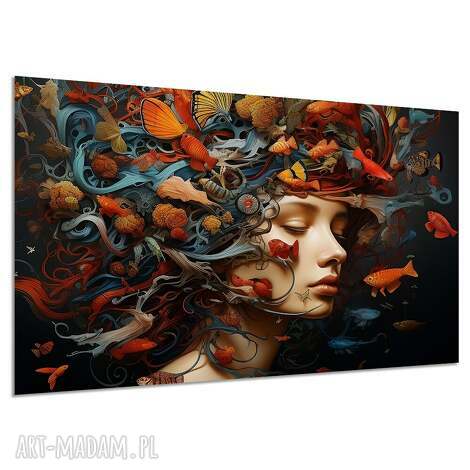 Obraz kobieta z rybami na płótnie 120x80 cm