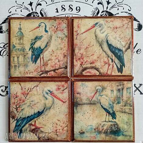 Dekoracyjne podkładki decoupage z bocianami - vintage shabby chic, komplet 4 szt.