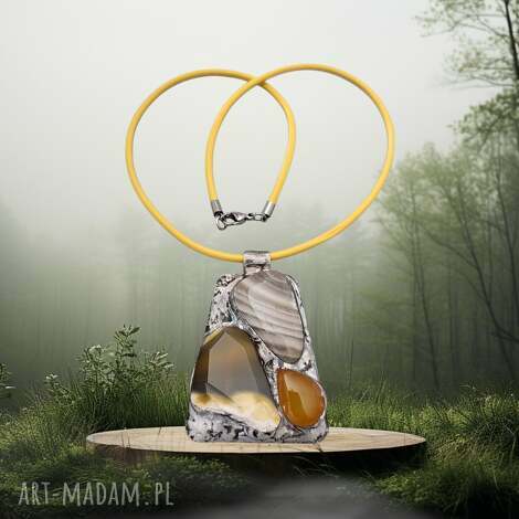 naszyjnik z witrażowym wisiorem honey krzemień pasiasty, agat, jadeit