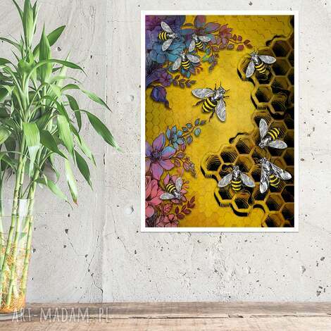 Plakat pszczoły A4 - grafika Justyna Jaszke 21x29,7 cm, ciepłe żółcie i pomarańcze