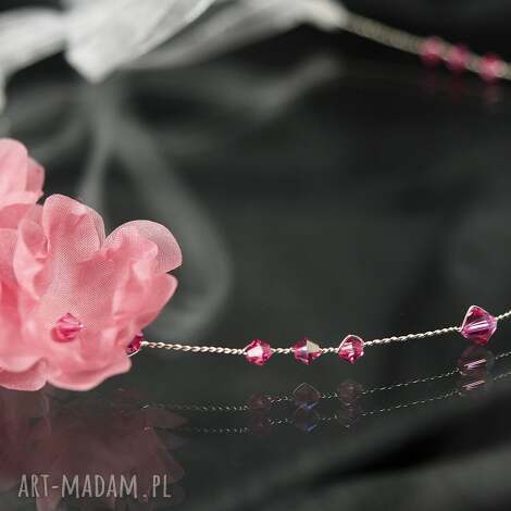 opaska z różowymi kwiatami, swarovski kryształ, jedwab, ślub ozdoba