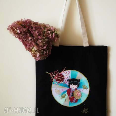 ręcznie malowana płócienna torba tote shopperka na zakupy kokeshi doll, prezent