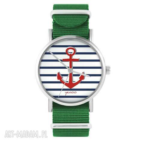 Zegarek kotwica - zielony nylonowy pasek | marynarski prezent handmade
