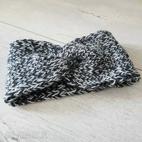 Szeroka opaska turban z włóczki - wełniana, czarna i popiel