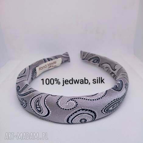 srebrna, szara opaska jedwabna do włosów dodatek ręcznie robiony, jedwabny
