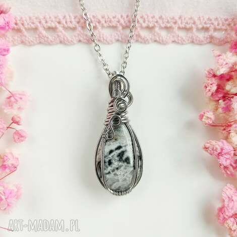 naszyjnik jaspis szary stal chirurgiczna wisiorek handmade wirewrapping, biżuteria