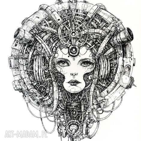 Dusza Maszynerii - rysunek piórkiem A4 surrealizm fantastyka kobieta