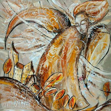 Anioł Jesieni - autorski obraz na płótnie 40x42 cm