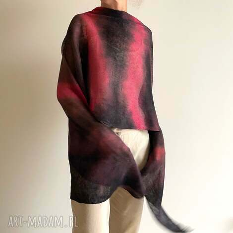 Ręcznie robione lniane poncho brąz i czerwień (one size)