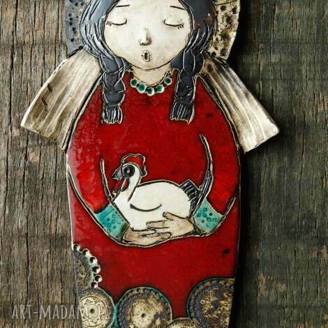 anioł ceramiczny z kurą, aniołek wiszący, kura dekoracja, ceramika