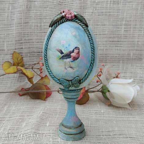 Pisanka Romantyczny Ptaszek vintage - turkusowa decoupage 20 cm