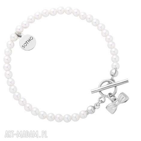 Srebrna dziecięca bransoletka z białych pereł Swarovski Crystal z kokardką - 15 cm