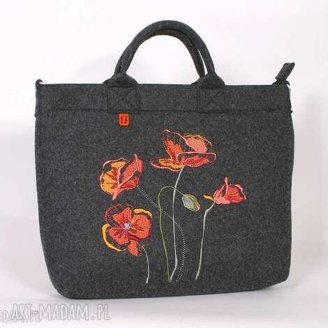 duża ciemna filcowa torba z makami, torebka, haft, maki, laptop