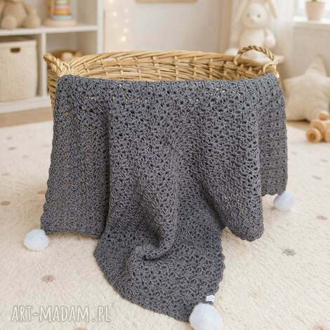 Kocyk dziecięcy Coco 63x70 handmade z pomponami - bawełna lub merino do wózka i łóżeczka
