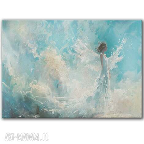 Plakat 70x50 cm „Anioł w chmurach 2” - jasne błękity, turkus i biel do salonu