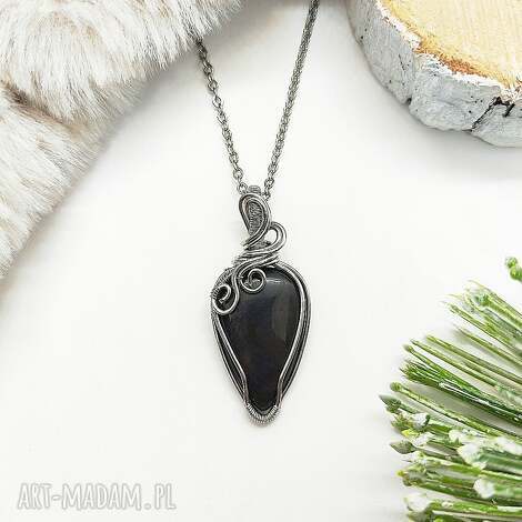 naszyjnik obsydian złocisty stal chirurgiczna wisiorek handmade wirewrapping