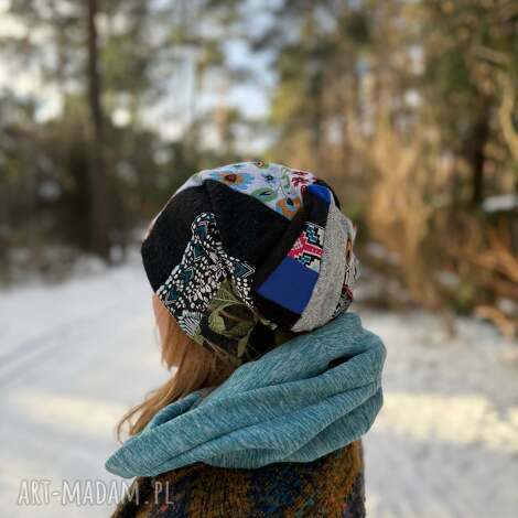 czapka damska smerfetka patchworkowa, na podszewce dobra na codzienne noszenie, wykonana