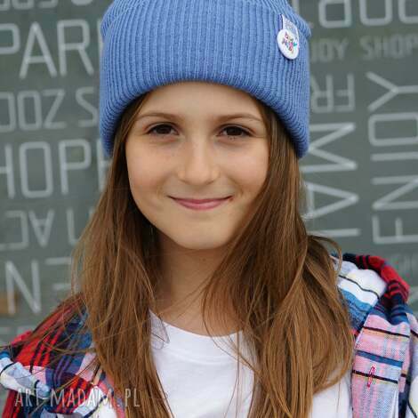Brudny niebieski czapka dziecięca beanie z logo - 100% akryl, podwójna warstwa