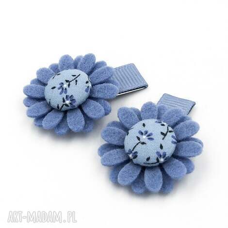 Spinki do włosów Mini Flowers Blue Little Flowers - 2 szt. z filcu i ręcznie obciąganych guzików