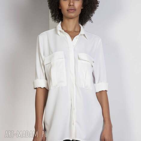 bluzki koszula oversize, k108 ecru, kieszenie casual, luźna, modna