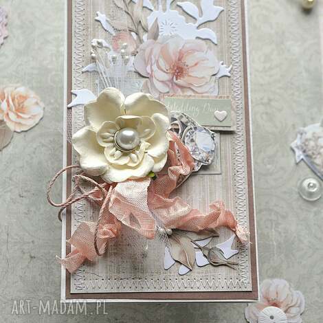 Ręcznie robiona kartka ślubna scrapbooking 9x16 cm w różowo-beżowych tonach